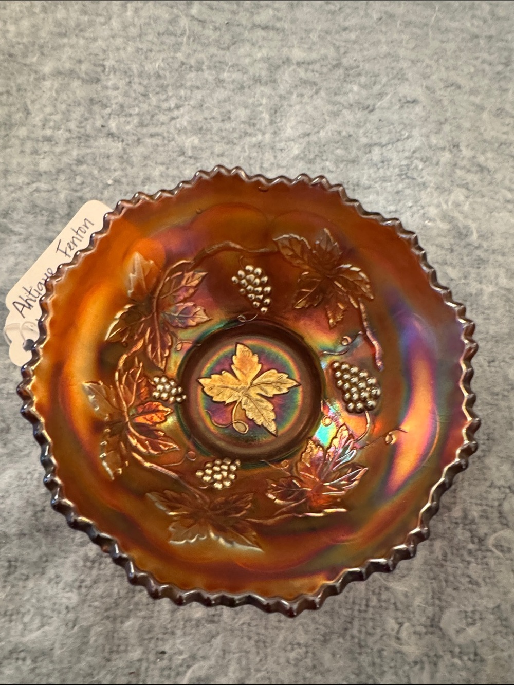 Vintage Fenton Carnival Glass Grape & Leaf  Bowl - Iridescent Amber